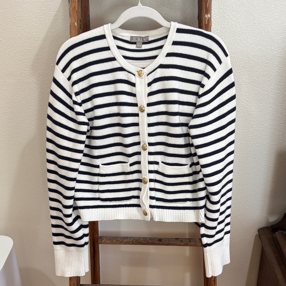 J. Crew Navy and White Striped Cardigan with Gold Accents